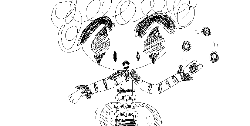 a black-and-white anime-style doodle of a clown girl. she is looking at her right hand, which is juggling four balls. her left hand is empty. she is hula-hooping. she has curly hair. there is a black diamond shape around each eye, two ovals on her cheeks, and black lipstick. her outfit is striped and has bells on the waist.